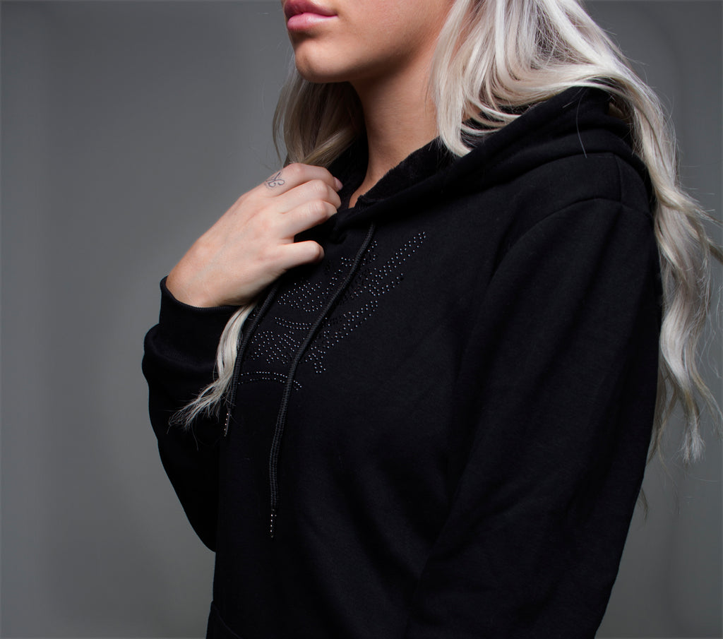 Black CC Scattered Pullover Sweater with Crystal Rhinestone Hoodie